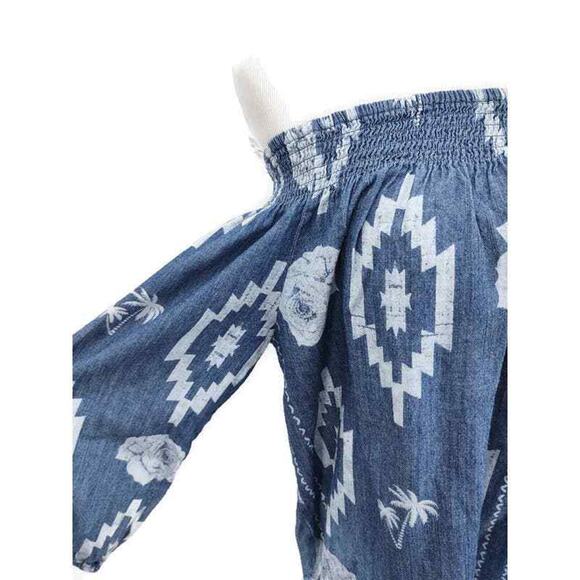 Tribal Blue smocked off the shoulder top in medium Long Sleeve Geometric Print - Picture 4 of 5